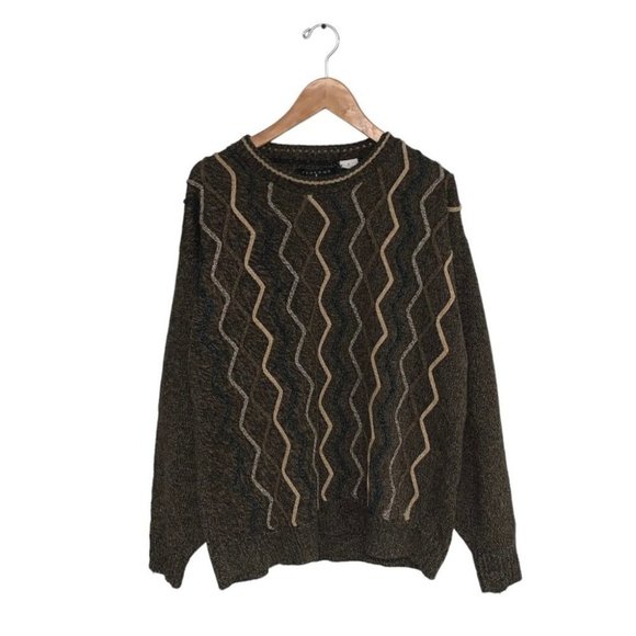 Protege Collection Vintage Grandpa Knit Sweater Brown Zigzag Crewneck Size Large - Picture 1 of 6